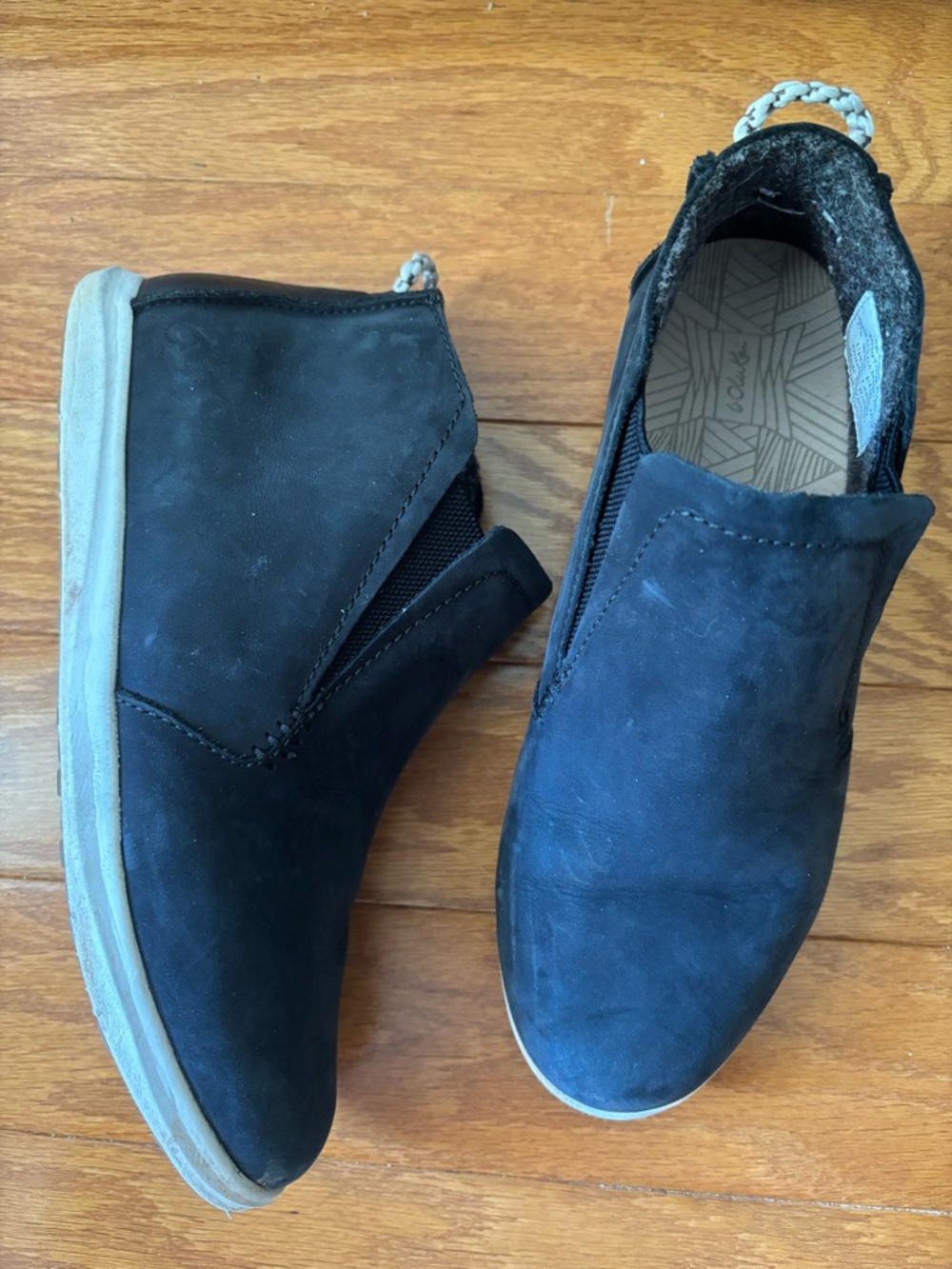 OluKai Black Slip-On Ankle Booties with Tan Sole